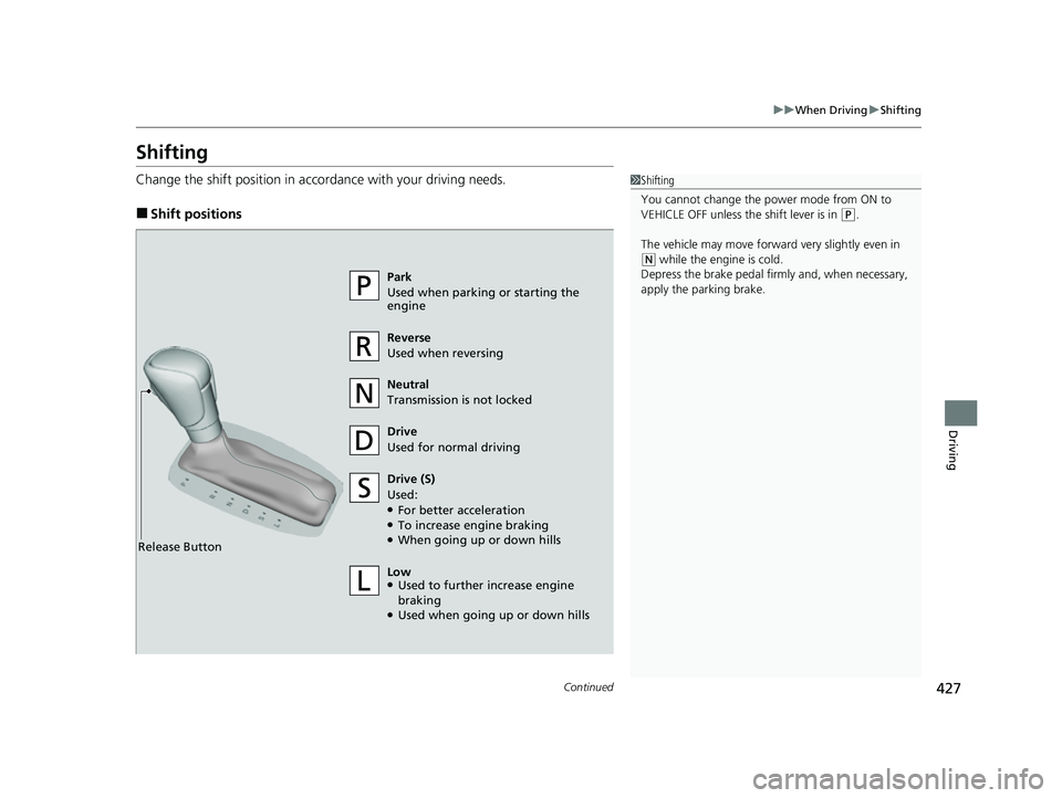 HONDA HRV 2023  Owners Manual 427
uuWhen Driving uShifting
Continued
Driving
Shifting
Change the shift position in accordance with your driving needs.
■Shift positions
1Shifting
You cannot change the power mode from ON to 
VEHIC