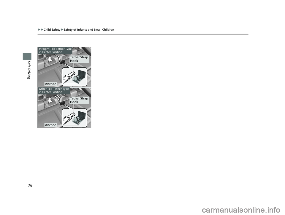 HONDA INSIGHT 2022  Owners Manual 76
uuChild Safety uSafety of Infants and Small Children
Safe Driving
Anchor
Tether Strap 
Hook
Straight Top Tether Type 
in Center Position
Anchor
Tether Strap 
Hook
Other Top Tether Type 
in Center P
