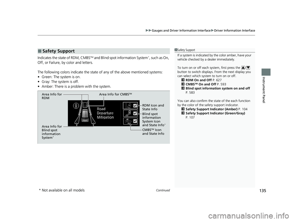 HONDA ODYSSEY 2022  Owners Manual Continued135
uuGauges and Driver Information Interface uDriver Information Interface
Instrument Panel
Indicates the state of RDM, CMBSTM and Blind spot information System*, such as On, 
Off, or Failur