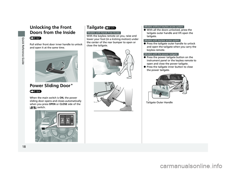 HONDA ODYSSEY 2022 Owners Manual 18
Quick Reference Guide
Unlocking the Front
Doors from the Inside
(P167)Pull either front door inner handle to unlock
and open it at the same time.
Power Sliding Door*
(P184)
When the main switch HONDA ODYSSEY 2022 Owners Manual 18
Quick Reference Guide
Unlocking the Front
Doors from the Inside
(P167)Pull either front door inner handle to unlock
and open it at the same time.
Power Sliding Door*
(P184)
When the main switch