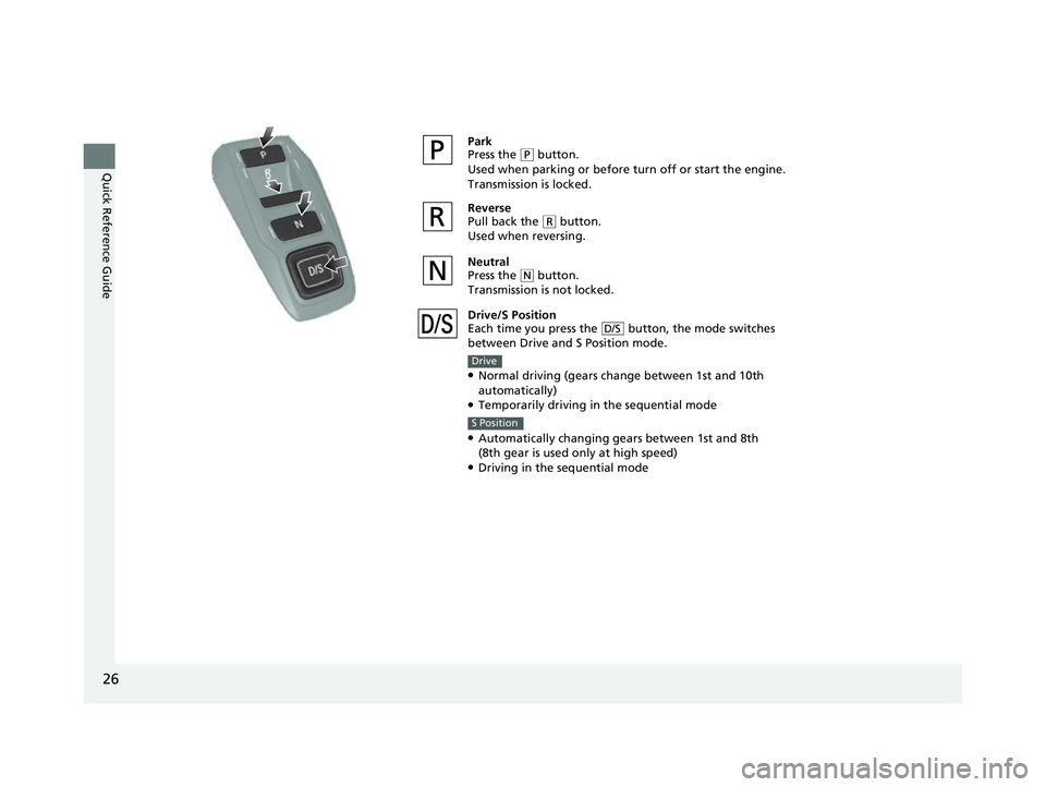 HONDA ODYSSEY 2022  Owners Manual 26
Quick Reference Guide
Park
Press the (P button.
Used when parking or before  turn off or start the engine.
Transmission is locked.
Reverse
Pull back the 
( R button.
Used when reversing.
Neutral
Pr