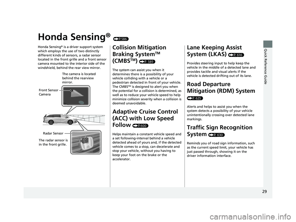 HONDA ODYSSEY 2022 Owners Manual 29
Quick Reference Guide
Honda Sensing® (P586)
Honda Sensing ® is a driver support system
which employs the use of two distinctly
different kinds of sensors, a radar sensor
located in the front g HONDA ODYSSEY 2022 Owners Manual 29
Quick Reference Guide
Honda Sensing® (P586)
Honda Sensing ® is a driver support system
which employs the use of two distinctly
different kinds of sensors, a radar sensor
located in the front g