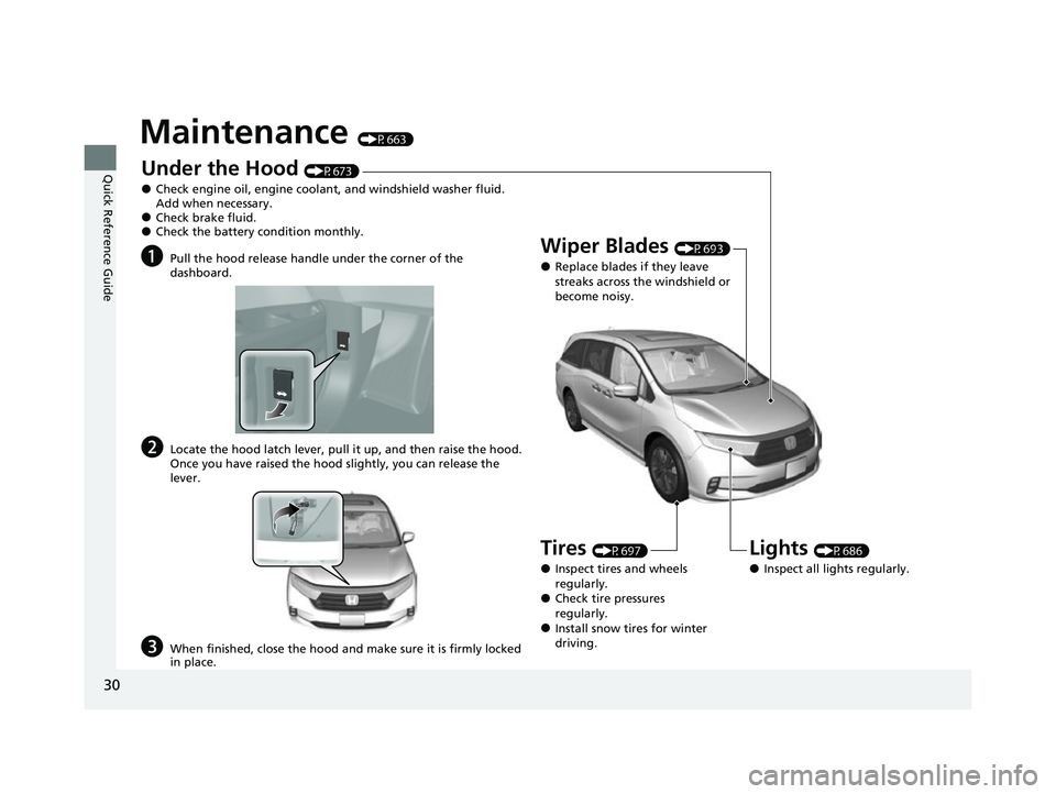 HONDA ODYSSEY 2022  Owners Manual 30
Quick Reference Guide
Maintenance (P663)
Under the Hood (P673)
●Check engine oil, engine coolant, and windshield washer fluid. 
Add when necessary.
●Check brake fluid.●Check the battery condi