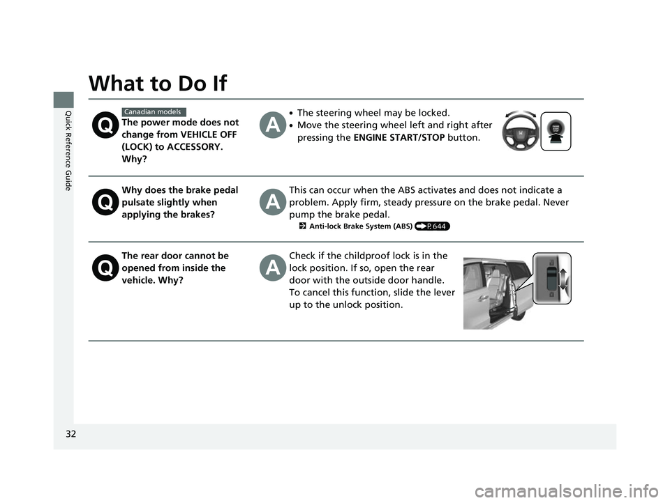 HONDA ODYSSEY 2022  Owners Manual 32
Quick Reference Guide
What to Do If
The power mode does not 
change from VEHICLE OFF 
(LOCK) to ACCESSORY. 
Why?
●The steering wheel may be locked.
●Move the steering wheel left and right after