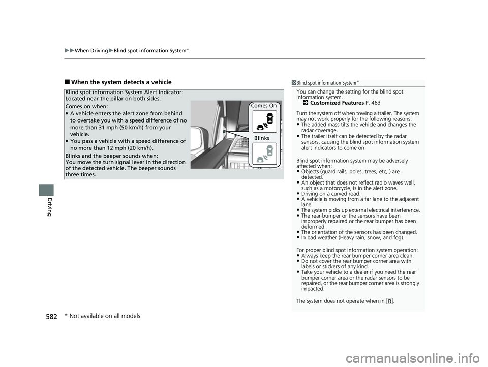 HONDA ODYSSEY 2022  Owners Manual uuWhen Driving uBlind spot information System*
582
Driving
■When the system detects a vehicle1Blind spot information System*
You can change the setting for the blind spot 
information system.
2 Cust