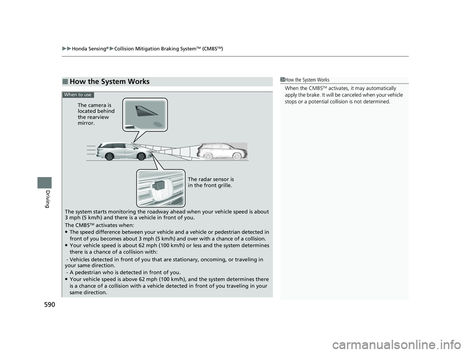 HONDA ODYSSEY 2022 Owners Manual uuHonda Sensing ®u Collision Mitigation Braking SystemTM (CMBSTM)
590
Driving
■How the System Works1How the System Works
When the CMBS
TM activates, it may automatically
apply the brake. It will HONDA ODYSSEY 2022 Owners Manual uuHonda Sensing ®u Collision Mitigation Braking SystemTM (CMBSTM)
590
Driving
■How the System Works1How the System Works
When the CMBS
TM activates, it may automatically
apply the brake. It will