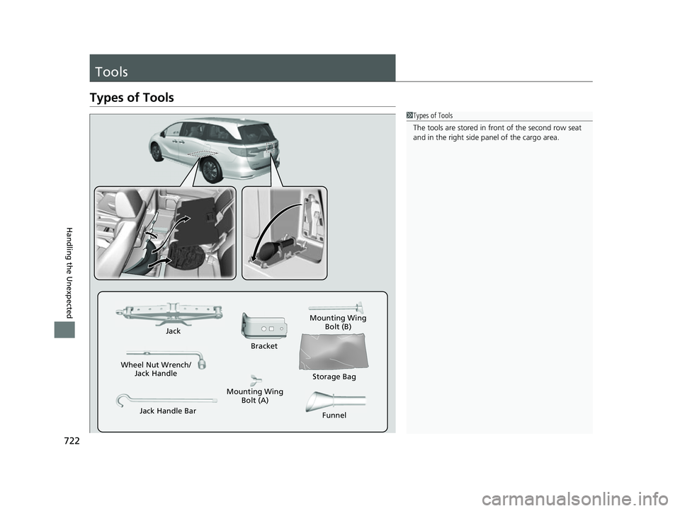 HONDA ODYSSEY 2022  Owners Manual 722
Handling the Unexpected
Tools
Types of Tools
1Types of Tools
The tools are stored in fr ont of the second row seat 
and in the right side pa nel of the cargo area.
Wheel Nut Wrench/
Jack Handle Ja