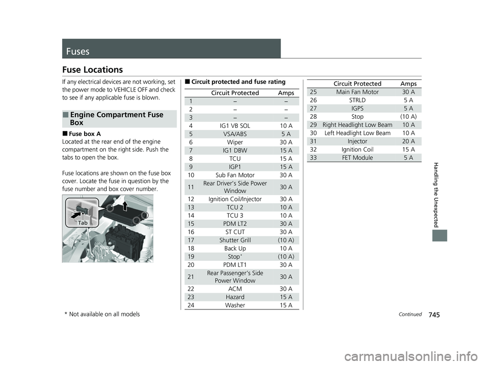 HONDA ODYSSEY 2022 Owners Manual 745Continued
Handling the Unexpected
Fuses
Fuse Locations
If any electrical devices are not working, set
the power mode to VEHICLE OFF and check
to see if any applic able fuse is blown.
■Fuse box HONDA ODYSSEY 2022 Owners Manual 745Continued
Handling the Unexpected
Fuses
Fuse Locations
If any electrical devices are not working, set
the power mode to VEHICLE OFF and check
to see if any applic able fuse is blown.
■Fuse box