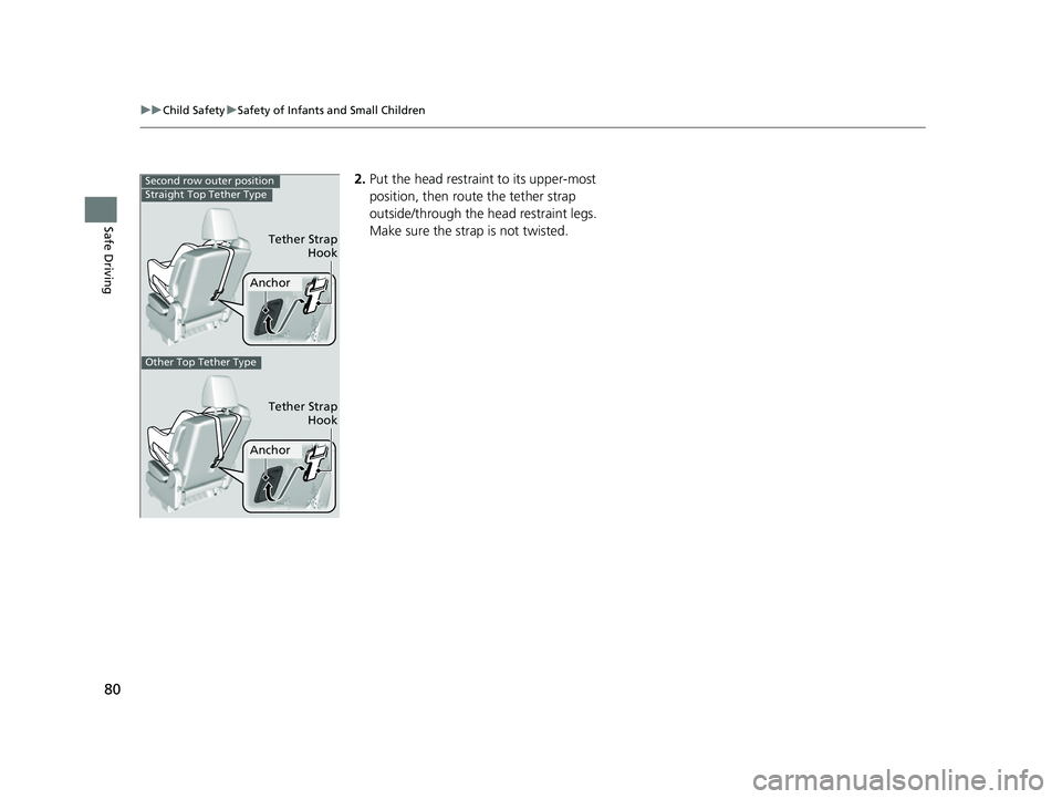HONDA ODYSSEY 2022  Owners Manual 80
uuChild Safety uSafety of Infants and Small Children
Safe Driving
2. Put the head restraint to its upper-most 
position, then rout e the tether strap 
outside/through the h ead restraint legs. 
Mak
