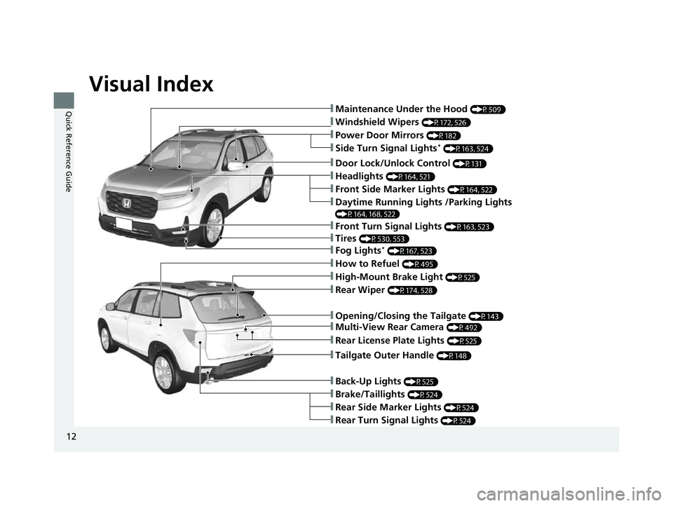 HONDA PASSPORT 2023  Owners Manual Visual Index
12
Quick Reference Guide❚Maintenance Under the Hood (P509)
❚Windshield Wipers (P172, 526)
❚Tires (P530, 553)
❚Power Door Mirrors (P182)
❚Headlights (P164, 521)
❚Front Side Mar