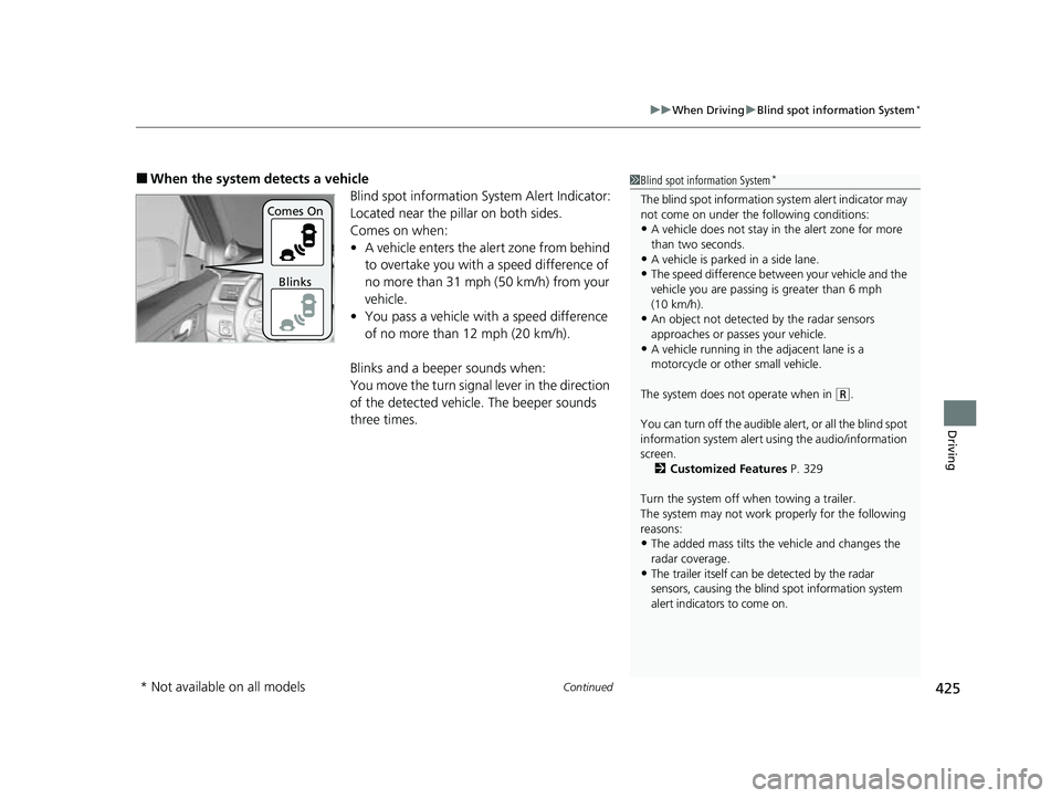 HONDA PASSPORT 2023  Owners Manual Continued425
uuWhen Driving uBlind spot information System*
Driving
■When the system detects a vehicle
Blind spot information System Alert Indicator:
Located near the pillar on both sides.
Comes on 
