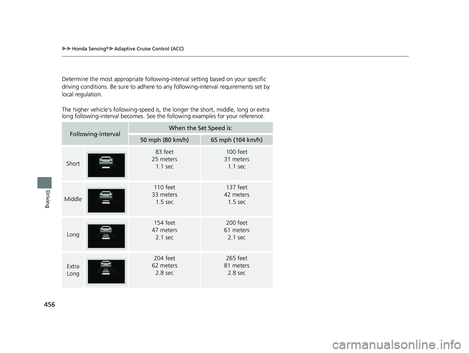 HONDA PASSPORT 2023  Owners Manual 456
uuHonda Sensing ®u Adaptive Cruise Control (ACC)
Driving
Determine the most appropriate following- interval setting based on your specific 
driving conditions. Be sure to adhere to  any following