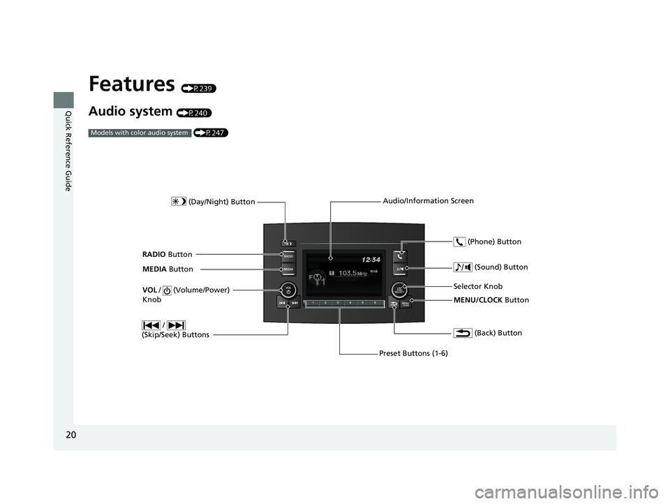HONDA PILOT 2022  Owners Manual 20
Quick Reference Guide
Features (P239)
Audio system (P240) (P247)
Models with color audio system
MENU/CLOCK  Button
Selector Knob
 (Day/Night) Button
 (Back) Button
 (Sound) Button
VOL
 /   (Volume/