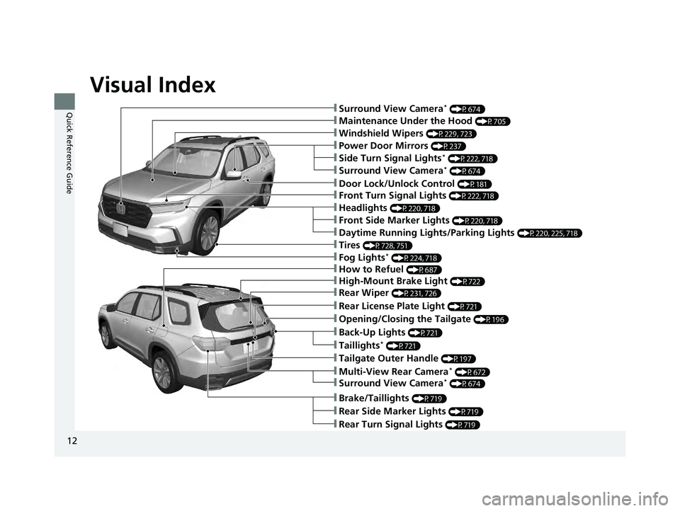 HONDA PILOT 2023  Owners Manual Visual Index
12
Quick Reference Guide
❚Maintenance Under the Hood (P705)
❚Windshield Wipers (P229, 723)
❚Tires (P728, 751)
❚Power Door Mirrors (P237)
❚How to Refuel (P687)
❚High-Mount Brak