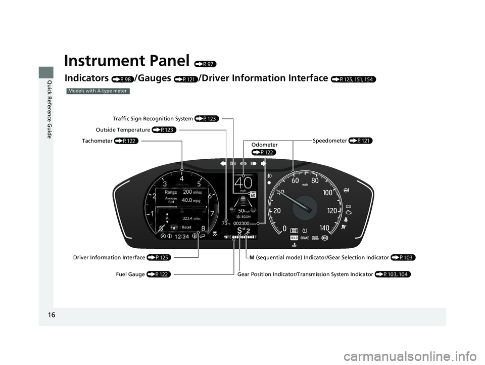 HONDA PILOT 2023  Owners Manual 16
Quick Reference Guide
Instrument Panel (P97)
Indicators (P98)/Gauges (P121)/Driver Information Interface (P125, 151, 154)
M  (sequential mode) Indicator/Gear Selection Indicator  (P103)
Models with