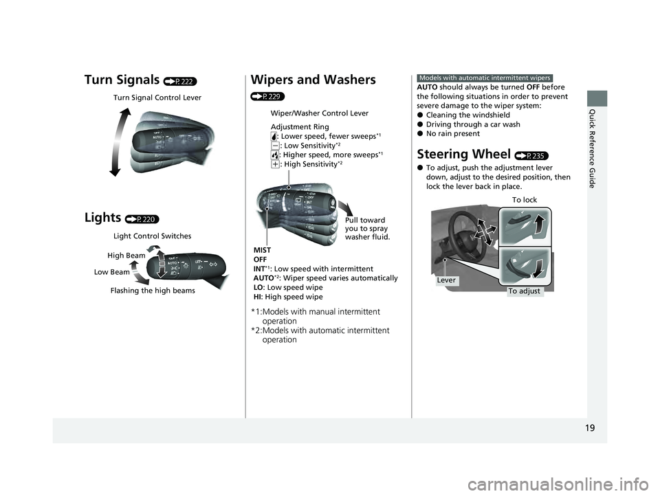 HONDA PILOT 2023 Owners Manual 19
Quick Reference Guide
Turn Signals (P222)
Lights (P220)
Turn Signal Control Lever
Light Control Switches
Low Beam High Beam
Flashing the high beams
Wipers and Washers
(P229)
*1:Models with manual HONDA PILOT 2023 Owners Manual 19
Quick Reference Guide
Turn Signals (P222)
Lights (P220)
Turn Signal Control Lever
Light Control Switches
Low Beam High Beam
Flashing the high beams
Wipers and Washers
(P229)
*1:Models with manual