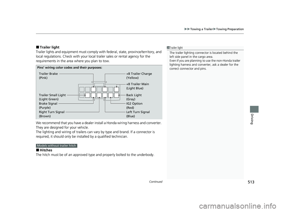 HONDA PILOT 2023  Owners Manual Continued513
uuTowing a Trailer uTowing Preparation
Driving
■Trailer light
Trailer lights and equipment must comply with  federal, state, province/territory, and 
local regulations. Check with your 