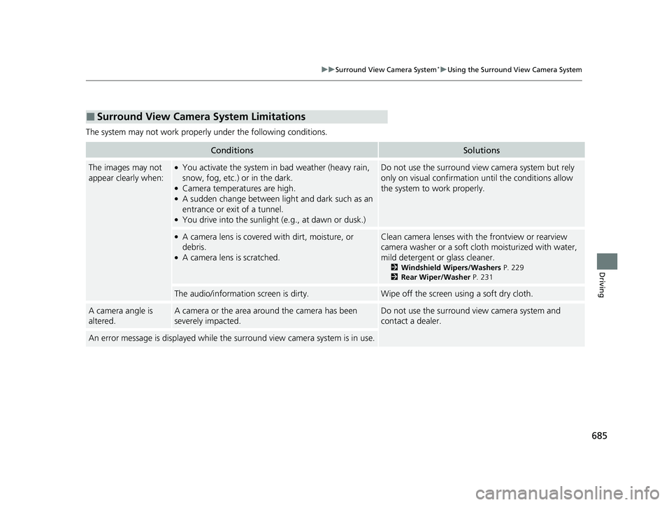 HONDA PILOT 2023  Owners Manual 685
uuSurround View Camera System*uUsing the Surround View Camera System
Driving
The system may not work properly under the following conditions.
■Surround View Camera System Limitations
ConditionsS