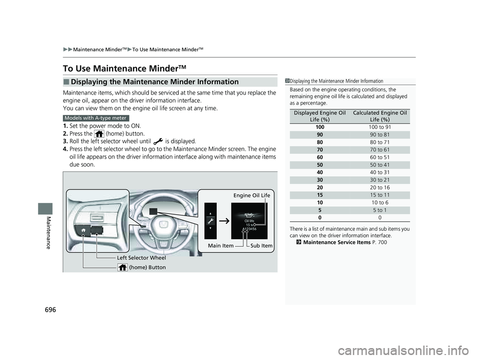 HONDA PILOT 2023  Owners Manual 696
uuMaintenance MinderTMuTo Use Maintenance MinderTM
Maintenance
To Use Maintenance MinderTM
Maintenance items, which should be serviced  at the same time that you replace the 
engine oil, appear on