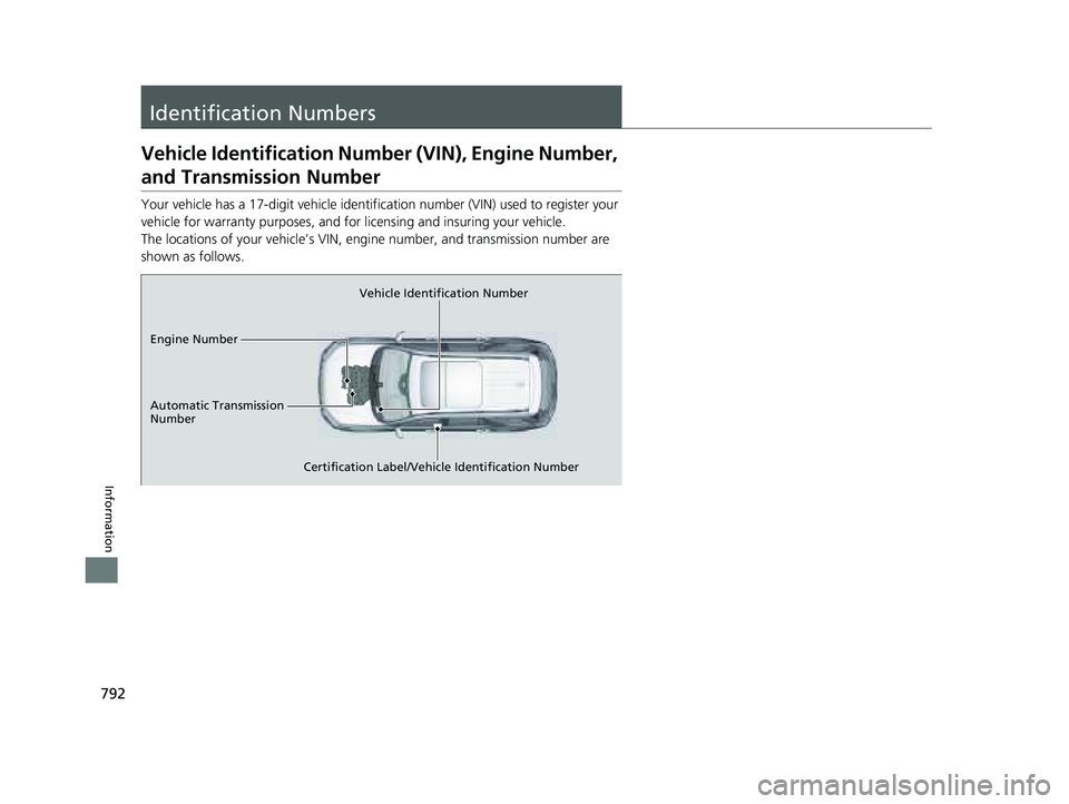 HONDA PILOT 2023  Owners Manual 792
Information
Identification Numbers
Vehicle Identification Number (VIN), Engine Number, 
and Transmission Number
Your vehicle has a 17-digit vehicle identifi cation number (VIN) used to register yo