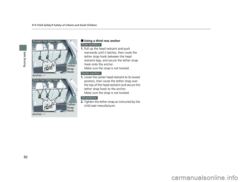 HONDA PILOT 2023  Owners Manual 92
uuChild Safety uSafety of Infants and Small Children
Safe Driving
■Using a third row anchor
1. Pull up the head restraint and push 
rearwards until it latc hes, then route the 
tether strap hook 