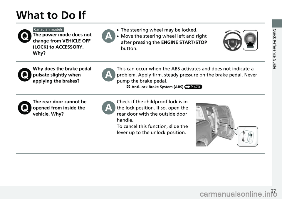 HONDA RIDGELINE 2023  Owners Manual 27
Quick Reference Guide
What to Do If
The power mode does not 
change from VEHICLE OFF 
(LOCK) to ACCESSORY. 
Why?
●The steering wheel may be locked.
●Move the steering wheel left and right 
afte