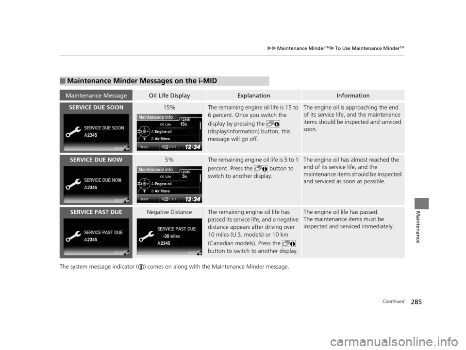 HONDA CIVIC HYBRID 2014 9.G Owners Manual 285
uuMaintenance MinderTMuTo Use Maintenance MinderTM
Continued
Maintenance
The system message indicator ( ) comes on along with the Maintenance Minder message.
■Maintenance Minder Messages on the HONDA CIVIC HYBRID 2014 9.G Owners Manual 285
uuMaintenance MinderTMuTo Use Maintenance MinderTM
Continued
Maintenance
The system message indicator ( ) comes on along with the Maintenance Minder message.
■Maintenance Minder Messages on the