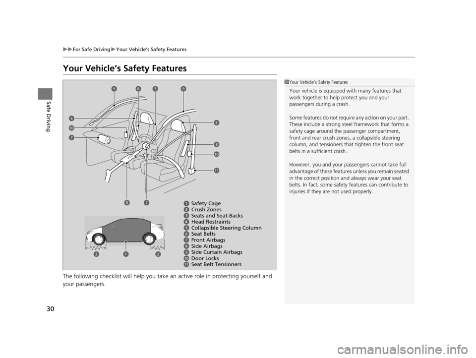 HONDA CIVIC HYBRID 2014 9.G Owners Manual 30
uuFor Safe Driving uYour Vehicle’s Safety Features
Safe Driving
Your Vehicle’s Safety Features
The following checklist will help you take an active role in protecting yourself and
your passen HONDA CIVIC HYBRID 2014 9.G Owners Manual 30
uuFor Safe Driving uYour Vehicle’s Safety Features
Safe Driving
Your Vehicle’s Safety Features
The following checklist will help you take an active role in protecting yourself and
your passen
