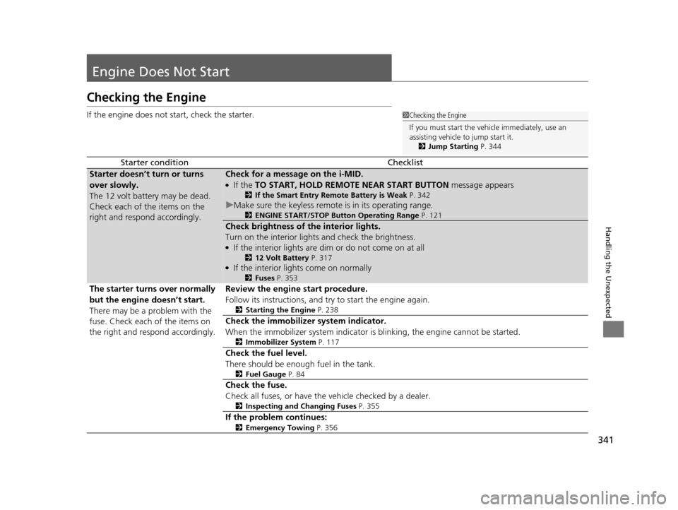 HONDA CIVIC HYBRID 2014 9.G Owners Manual 341
Handling the Unexpected
Engine Does Not Start
Checking the Engine
If the engine does not start, check the starter.
Starter conditionChecklist
Starter doesn’t turn or turns 
over slowly.
The 12 v