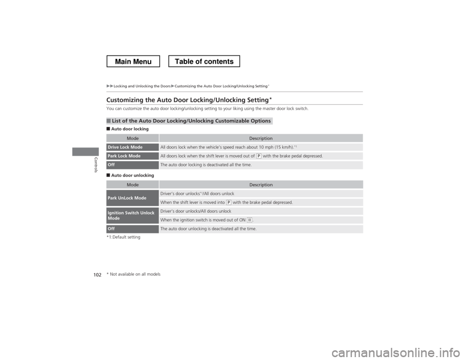 HONDA CROSSTOUR 2013 1.G Owners Manual 102
uuLocking and Unlocking the DoorsuCustomizing the Auto Door Locking/Unlocking Setting*
Controls
Customizing the Auto 
Door Locking/Unlocking Setting *
You can customize the auto door locking/unloc
