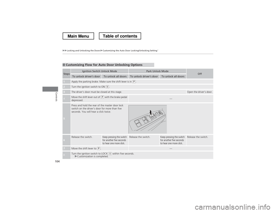 HONDA CROSSTOUR 2013 1.G Owners Manual 104
uuLocking and Unlocking the DoorsuCustomizing the Auto Door Locking/Unlocking Setting*
Controls
■Customizing Flow for Auto Door Unlocking Options
StepsIgnition Switch Unlock ModePark Unlock Mode