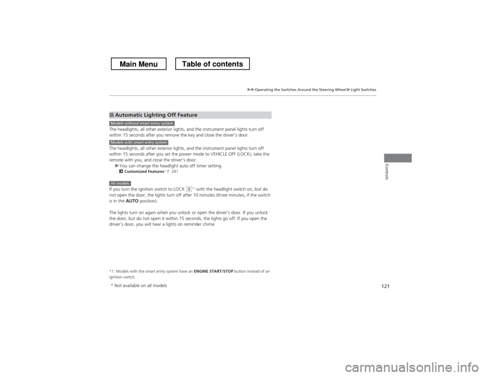 HONDA CROSSTOUR 2013 1.G Owners Manual 121
uuOperating the Switches Around the Steering WheeluLight Switches
Controls
The headlights, all other exterior lights, and the instrument panel lights turn off  
within 15 seconds after you remove 