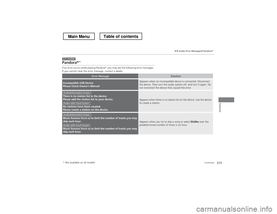 HONDA CROSSTOUR 2013 1.G Owners Manual 273
uuAudio Error MessagesuPandora®*
Continued
Features
Pandora
®*
If an error occurs while playing Pandora ®, you may see the following error messages. 
If you cannot clear the error message, cont