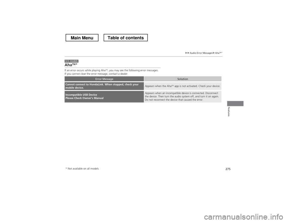 HONDA CROSSTOUR 2013 1.G Owners Manual 275
uuAudio Error MessagesuAhaTM
*
Features
Aha TM
*
If an error occurs while playing Aha TM
, you may see the following error messages.
If you cannot clear the error message, contact a dealer.
Error 