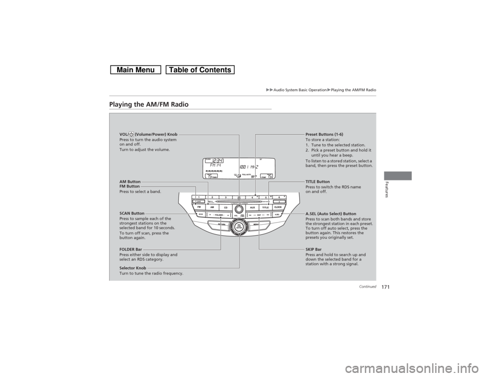 HONDA CROSSTOUR 2014 1.G Owners Manual 171
uuAudio System Basic OperationuPlaying the AM/FM Radio
Continued
Features
Playing the AM/FM Radio
FM Button
Press to select a band.
SCAN Button
Press to sample each of the 
strongest stations on t