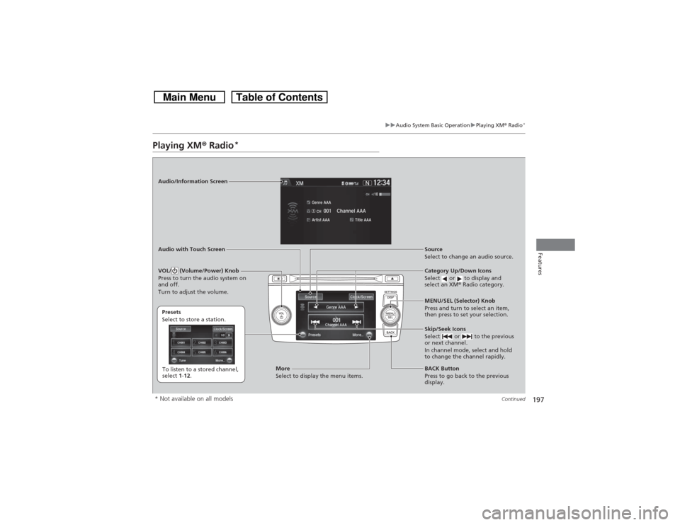 HONDA CROSSTOUR 2014 1.G Owners Manual 197
uuAudio System Basic OperationuPlaying XM® Radio
*
Continued
Features
Playing XM® Radio
*
Audio/Information Screen
Audio with Touch Screen
Category Up/Down Icons
Select   or   to display and 
se