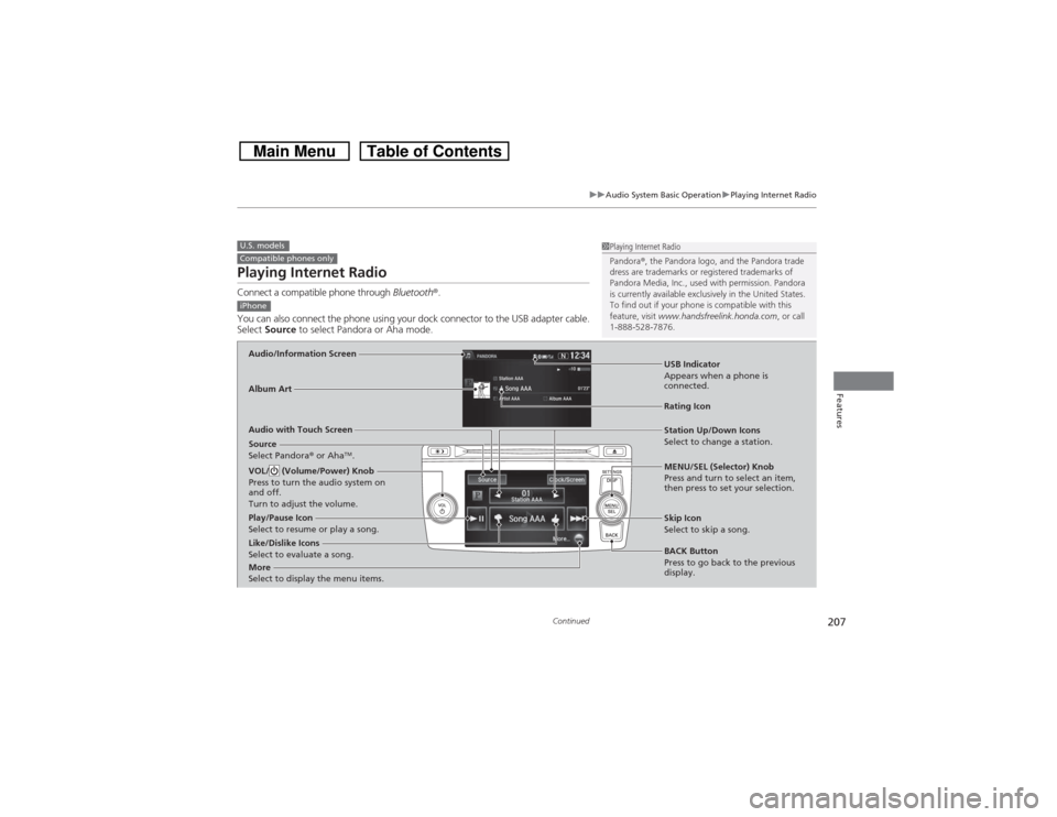 HONDA CROSSTOUR 2014 1.G Owners Manual 207
uuAudio System Basic OperationuPlaying Internet Radio
Continued
Features
Playing Internet RadioConnect a compatible phone through Bluetooth®.
You can also connect the phone using your dock connec