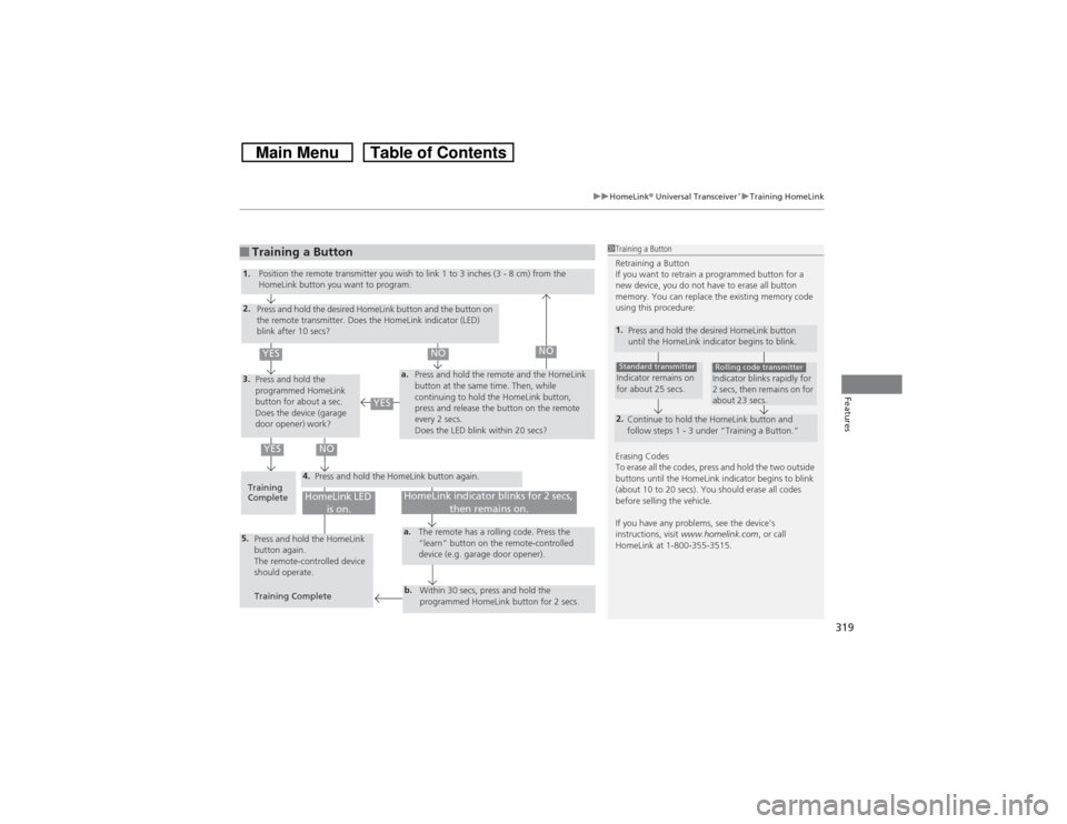 HONDA CROSSTOUR 2014 1.G Owners Manual 319
uuHomeLink® Universal Transceiver
*uTraining HomeLink
Features
■Training a Button
1Training a Button
Retraining a Button
If you want to retrain a programmed button for a 
new device, you do not