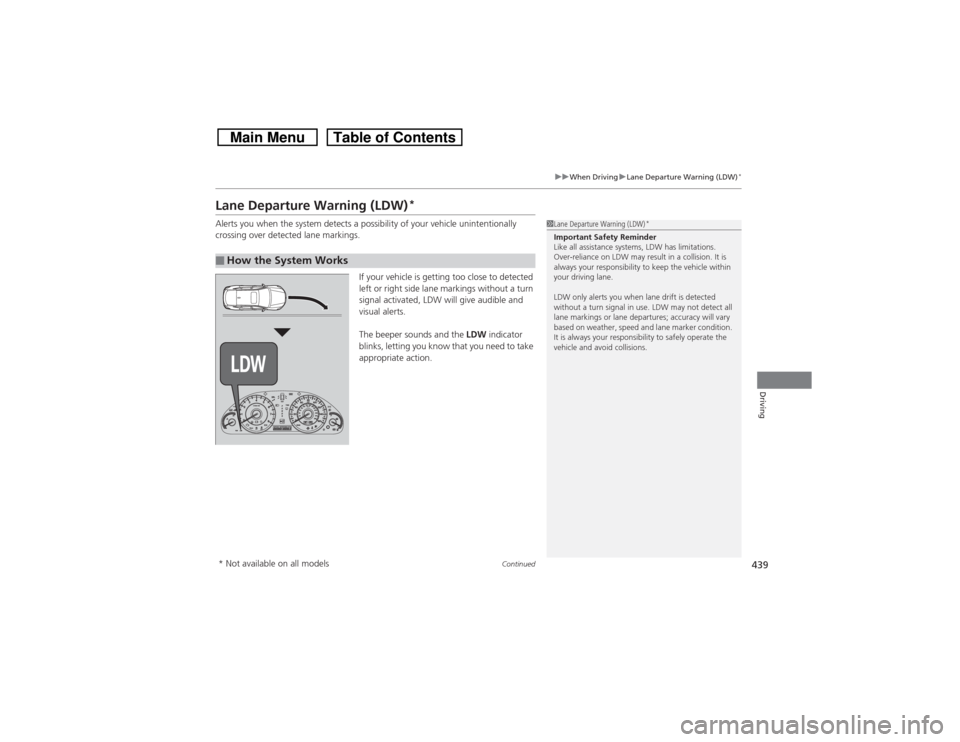 HONDA CROSSTOUR 2014 1.G Owners Manual 439
uuWhen DrivinguLane Departure Warning (LDW)
*
Continued
Driving
Lane Departure Warning (LDW)
*
Alerts you when the system detects a possibility of your vehicle unintentionally 
crossing over detec