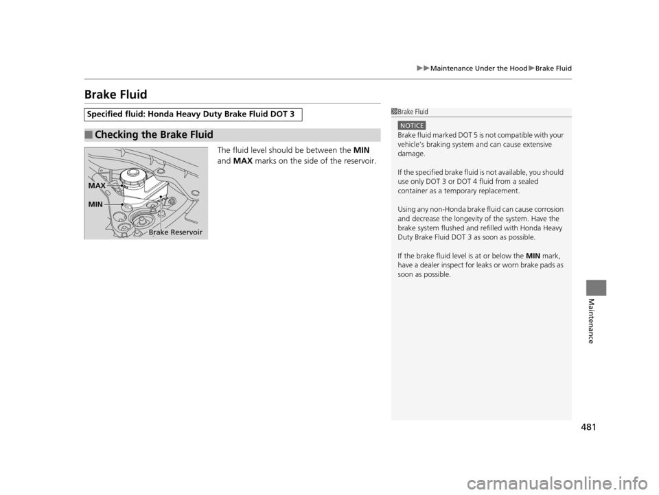 HONDA CROSSTOUR 2015 1.G Owners Manual 481
uuMaintenance Under the Hood uBrake Fluid
Maintenance
Brake Fluid
The fluid level should be between the  MIN 
and  MAX  marks on the side of the reservoir.
Specified fluid: Honda Heav y Duty Brake