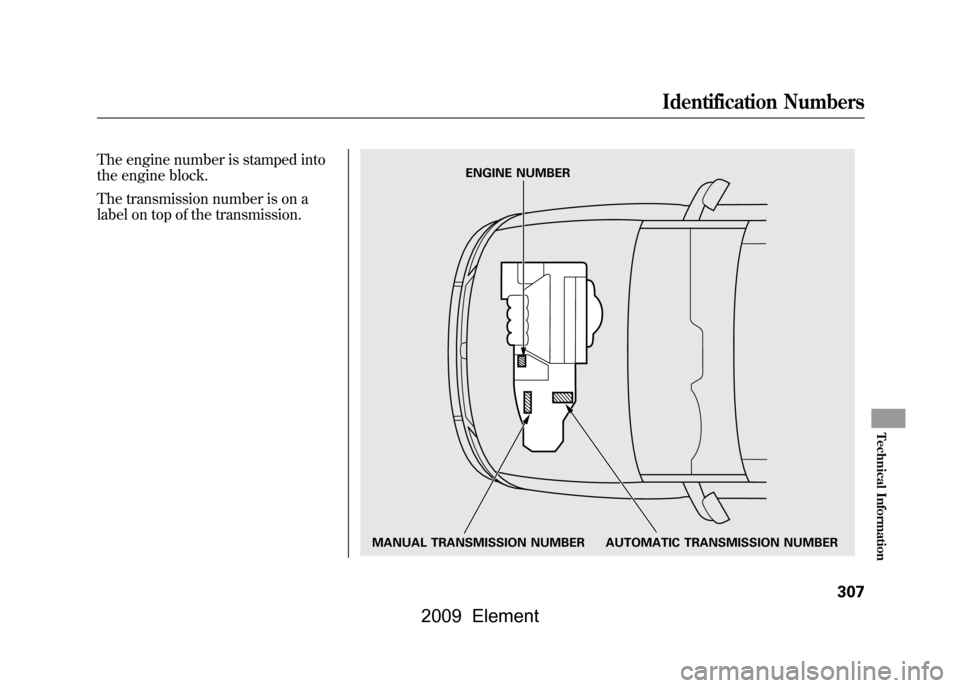 HONDA ELEMENT 2009 1.G Owners Manual The engine number is stamped into 
the engine block. 
The transmission number is on a 
label on top of the transmission.
MANUAL TRANSMISSION NUMBER AUTOMATICTRANSMISSION NUMBER
ENGINE NUMBER
Identific