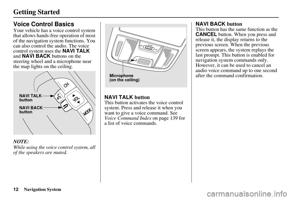 HONDA ELEMENT 2010 1.G Navigation Manual 12Navigation System
Getting Started
Voice Control Basics
Your vehicle has a voice control system 
that allows hands-free operation of most 
of the navigation system functions. You 
can also control th