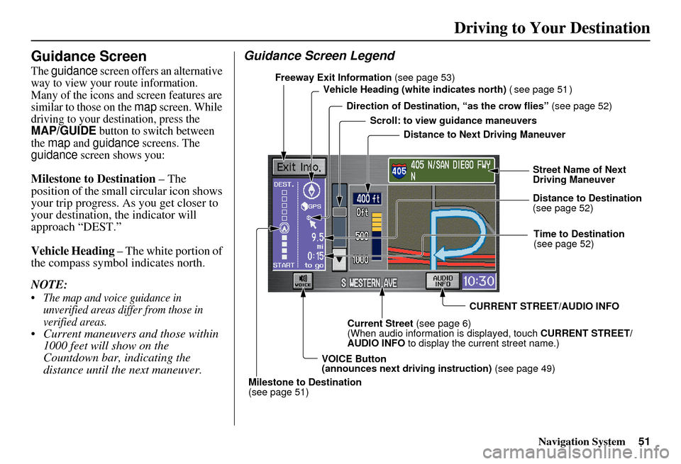 HONDA ELEMENT 2010 1.G Navigation Manual Navigation System51
Guidance Screen
The guidance screen offers an alternative 
way to view your route information. 
Many of the icons and screen features are 
similar to those on the 
map screen. Whil