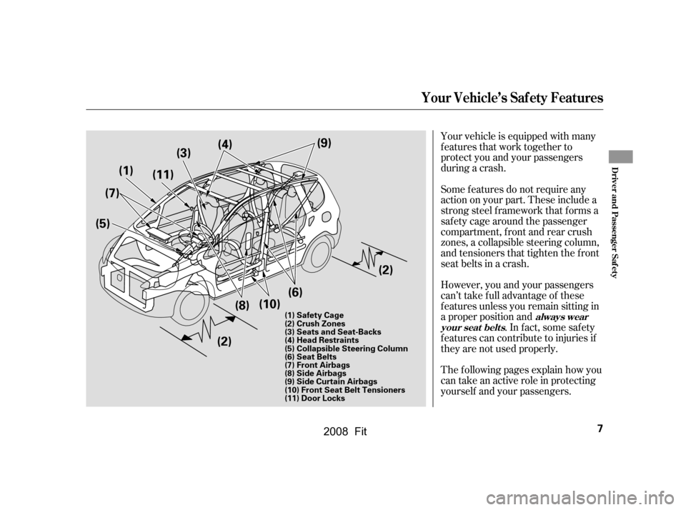 HONDA FIT 2008 1.G Owners Manual Your vehicle is equipped with many
features that work together to
protect you and your passengers
during a crash.
However, you and your passengers
can’t take full advantage of these
f eatures u HONDA FIT 2008 1.G Owners Manual Your vehicle is equipped with many
features that work together to
protect you and your passengers
during a crash.
However, you and your passengers
can’t take full advantage of these
f eatures u