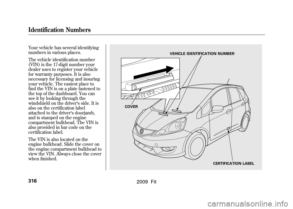 HONDA FIT 2009 2.G Owners Manual Your vehicle has several identifying
numbers in various places.
The vehicle identification number
(VIN) is the 17-digit number your
dealer uses to register your vehicle
for warranty purposes. It is al