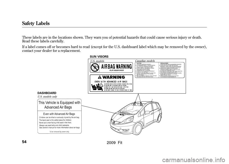 HONDA FIT 2009 2.G Owners Manual These labels are in the locations shown. They warn you of potential hazards that could cause serious injury or death.
Read these labels carefully.
If a label comes off or becomes hard to read (except 