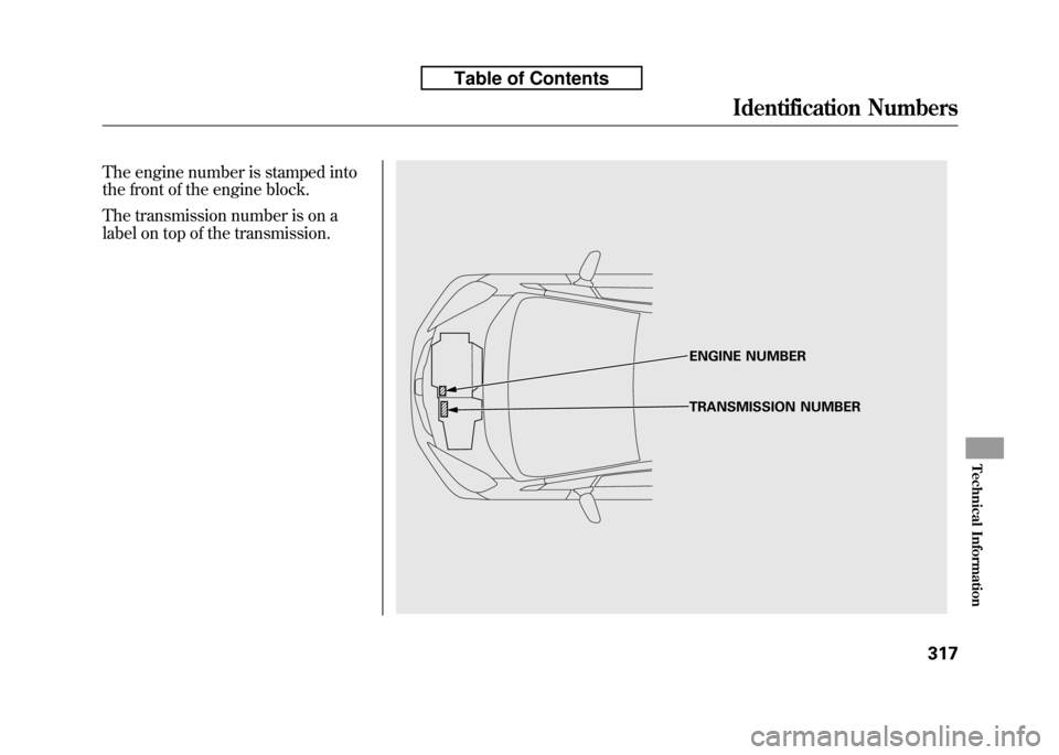 HONDA FIT 2010 2.G Owners Manual The engine number is stamped into 
the front of the engine block. 
The transmission number is on a 
label on top of the transmission.
ENGINE NUMBER 
TRANSMISSION NUMBER
Identification Numbers
317
Tech