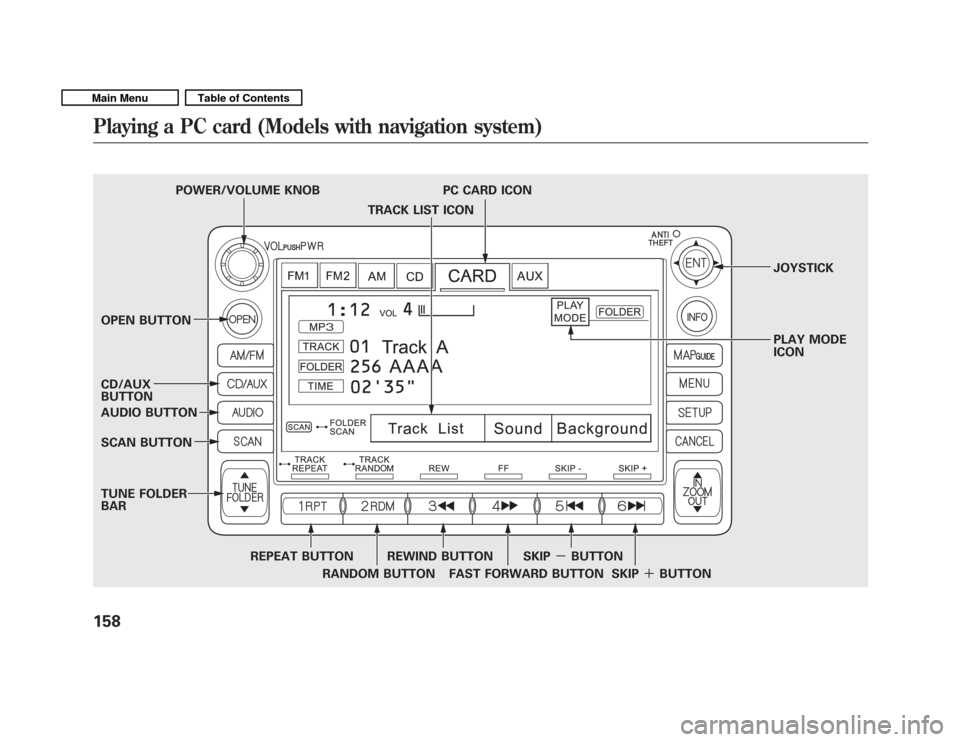HONDA FIT 2011 2.G Owners Manual TRACK LIST ICON
POWER/VOLUME KNOB PC CARD ICON
JOYSTICK
OPEN BUTTON PLAY MODE ICON
CD/AUX BUTTON 
AUDIO BUTTON 
SCAN BUTTON 
TUNE FOLDER BAR
REPEAT BUTTONRANDOM BUTTONREWIND BUTTON
FAST FORWARD BUTTON