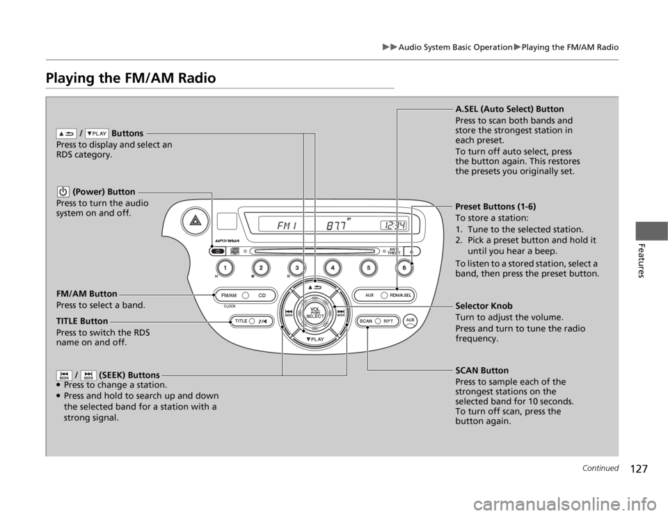 HONDA FIT 2012 2.G Owners Manual 127
uuAudio System Basic OperationuPlaying the FM/AM Radio
Continued
Features
Playing the FM/AM Radio
FM/AM Button
Press to select a band. / Buttons
Press to display and select an
RDS category.
SCA HONDA FIT 2012 2.G Owners Manual 127
uuAudio System Basic OperationuPlaying the FM/AM Radio
Continued
Features
Playing the FM/AM Radio
FM/AM Button
Press to select a band. / Buttons
Press to display and select an
RDS category.
SCA