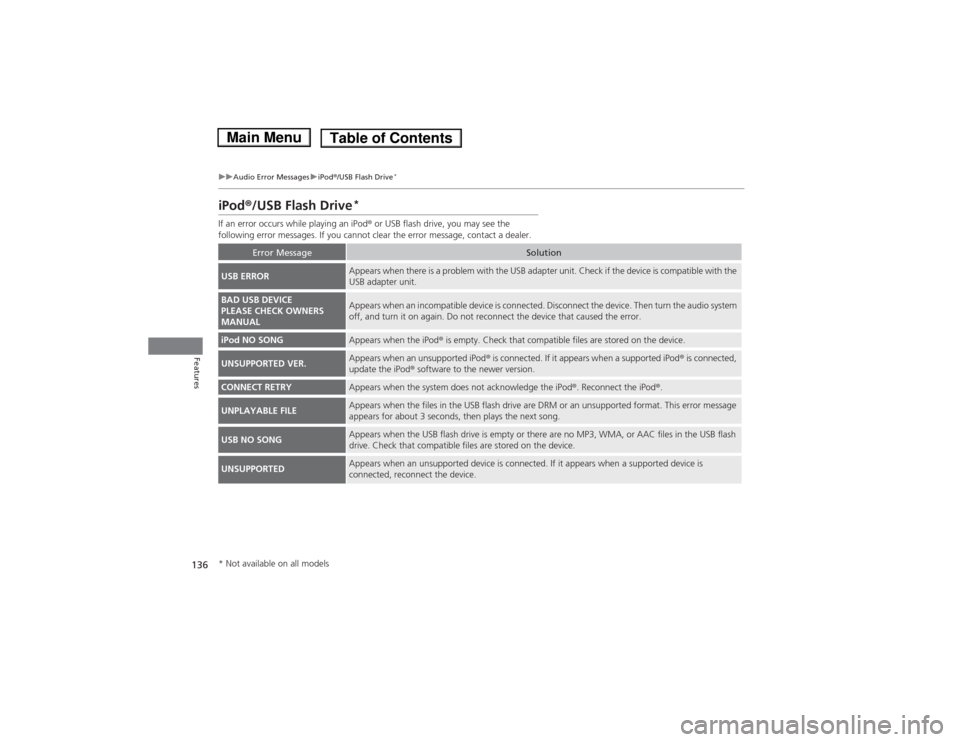 HONDA FIT 2014 3.G Owners Manual 136
uuAudio Error MessagesuiPod®/USB Flash Drive
*
Features
iPod®/USB Flash Drive
*
If an error occurs while playing an iPod® or USB flash drive, you may see the
following error messages. If you c HONDA FIT 2014 3.G Owners Manual 136
uuAudio Error MessagesuiPod®/USB Flash Drive
*
Features
iPod®/USB Flash Drive
*
If an error occurs while playing an iPod® or USB flash drive, you may see the
following error messages. If you c